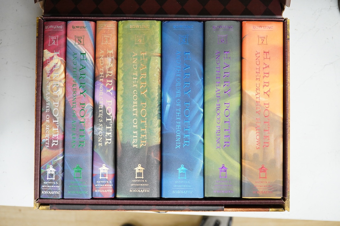 Books: Harry Potter cased set of seven books. American first editions., Half Blood Prince 2005 - first printing, Deathly Hallows 2007 - first printing